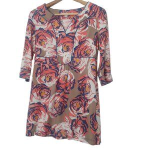 Boden Womens UK 10P US 6P Dress Tan Pink Floral Long Sleeve Viscose V Neck READ